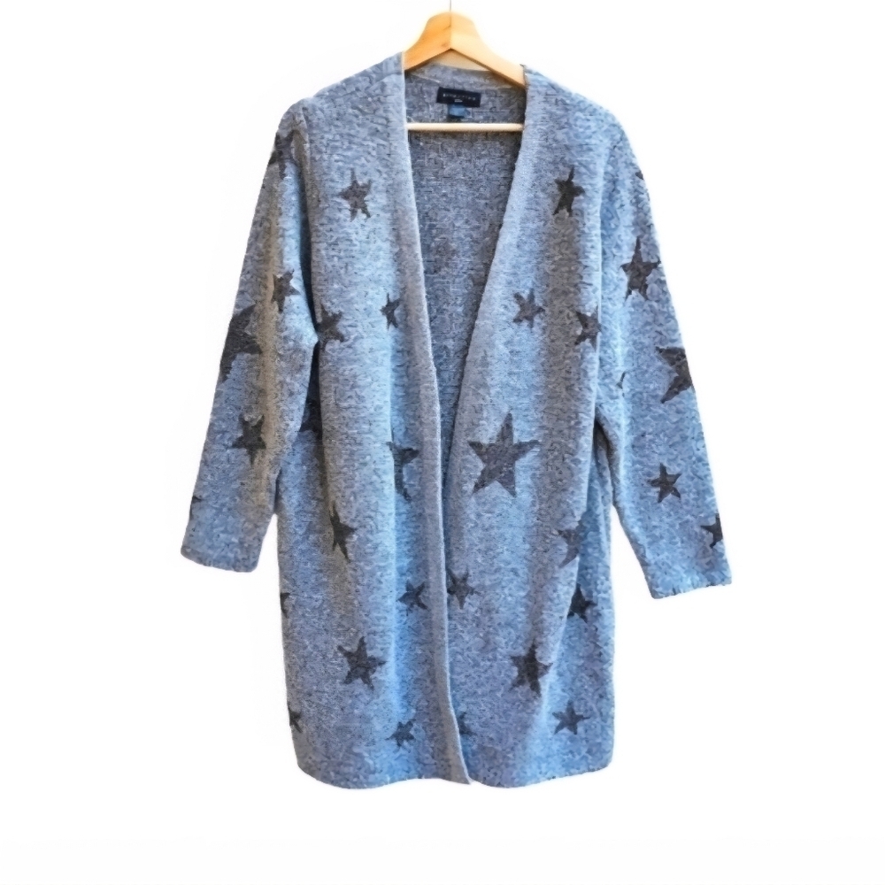 Attention Plus Size 2X Star Print Metallic Longline Cardigan Grey Silver